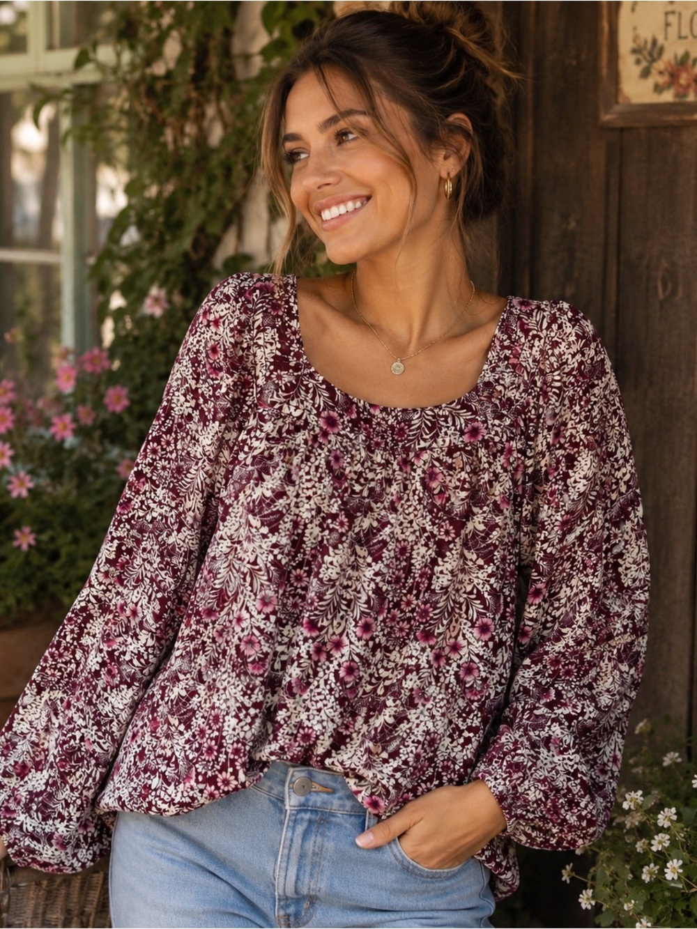 LC Lauren Conrad Floral Peasant Blouse Top XL Burgundy Long Sleeve Boho